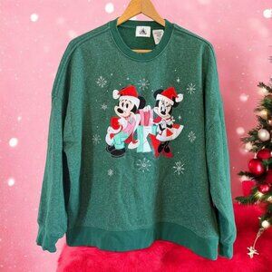 Women Disney Green Sparkly Christmas‎ Mickey Minnie Mouse Sweatshirt-Size Large